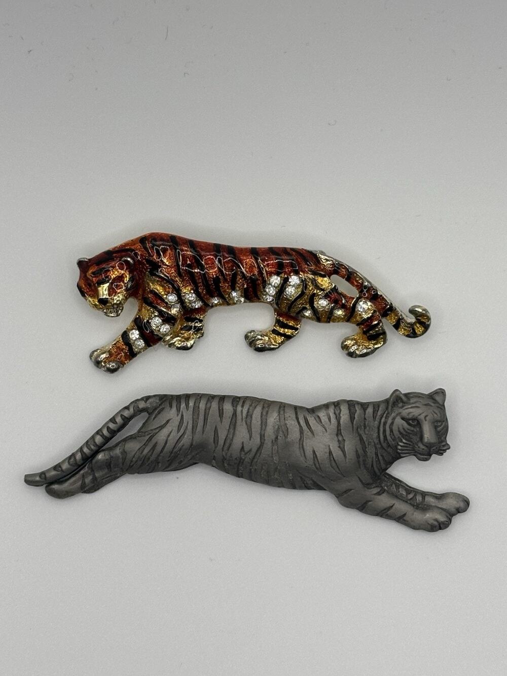 Vintage Tiger Brooch Lot of 2 Enamel Rhinestone Pewter Tone Wild Cat Pins